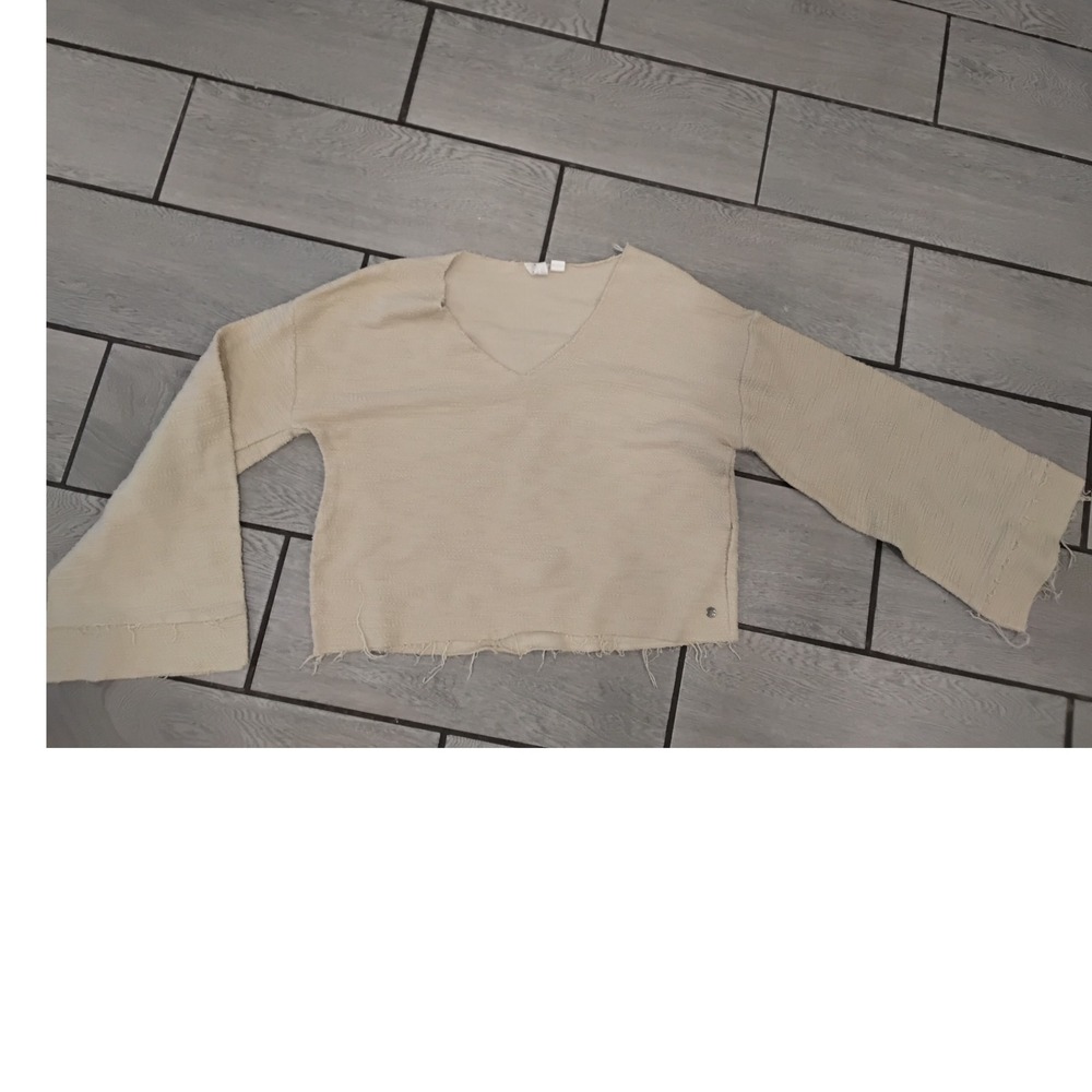 Roxy Womens V-Neck‎ Bell Sleeve Raw Hem Cropped Sweater Beige Size L
